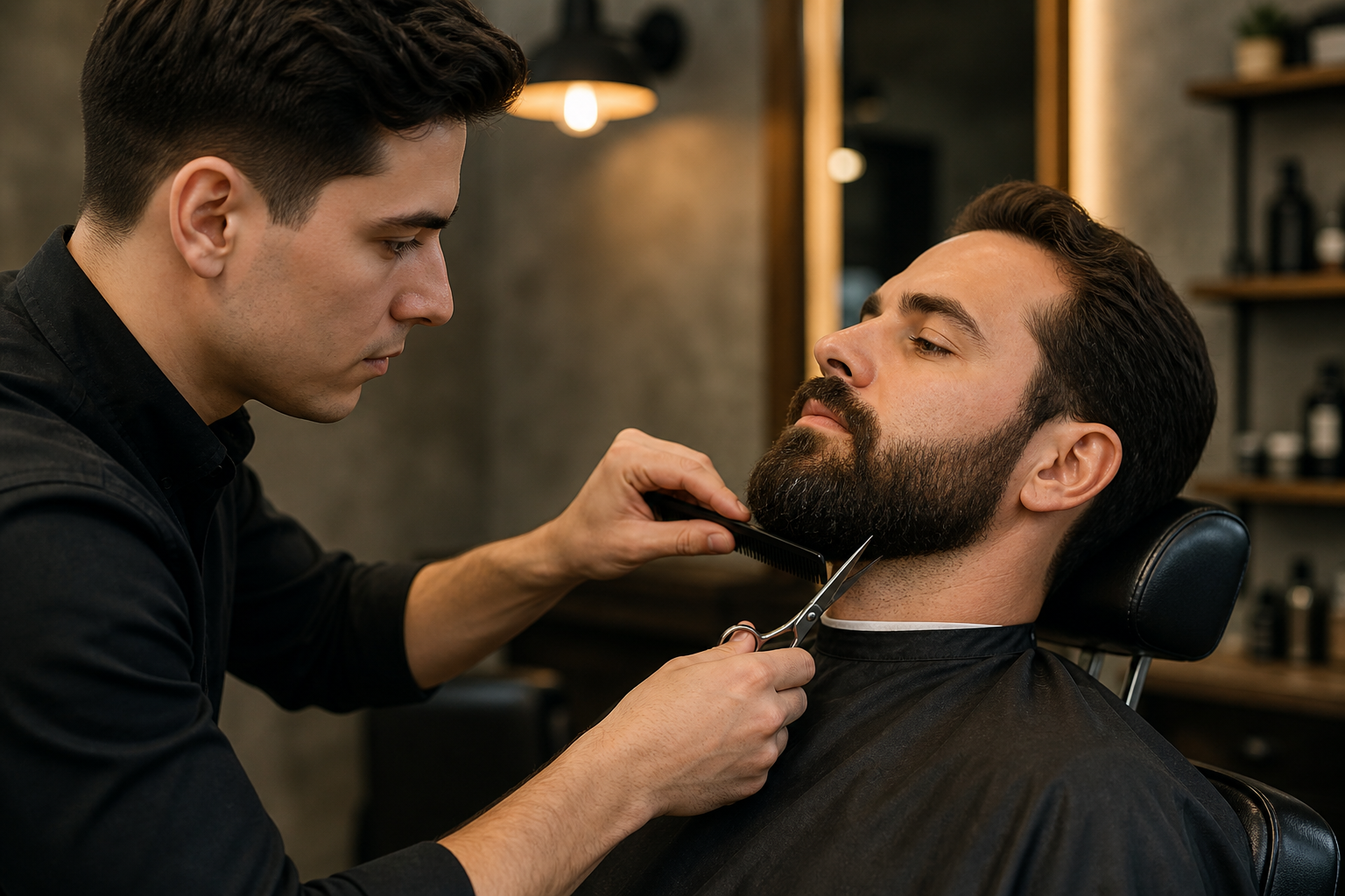 Professional beard trim service with barber shaping beard for a clean and balanced style