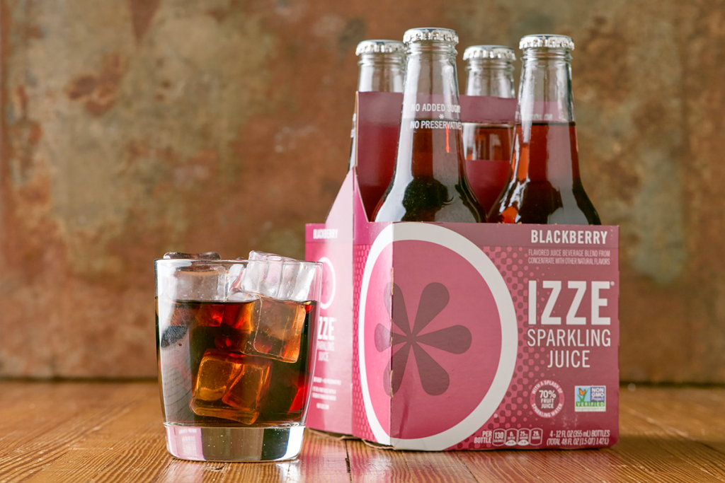 Product photography. A four pack of sparkling juice drinks.